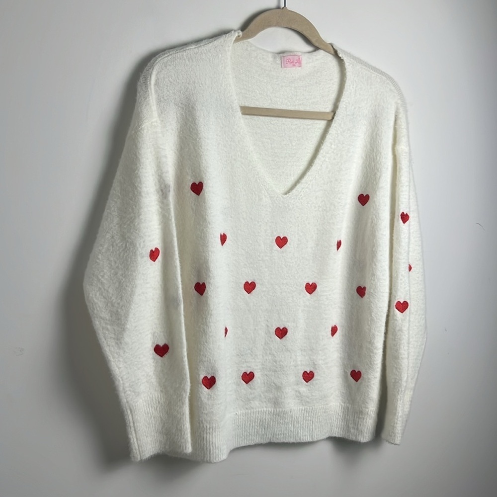 Pink Lily Cream V-Neck Embroidered Heart Fuzzy Soft Long Sleeve Sweater Size 2XL - Picture 7 of 13